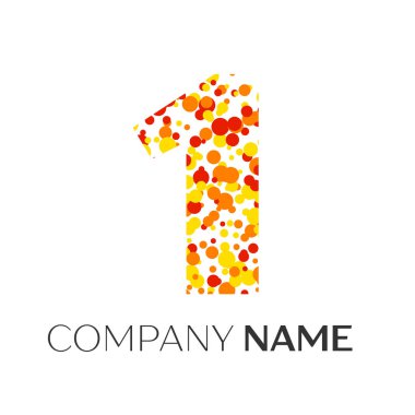 Turuncu, sarı, kırmızı parçacıklar ve kabarcıklar noktalar beyaz arka plan üzerinde bir numara logolu. Tasarımınız için vektör şablonu