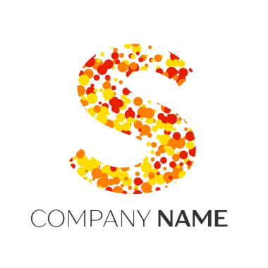 S harfi logo turuncu, sarı, kırmızı parçacıklar ve kabarcıklar noktalar beyaz arka plan ile. Tasarımınız için vektör şablonu