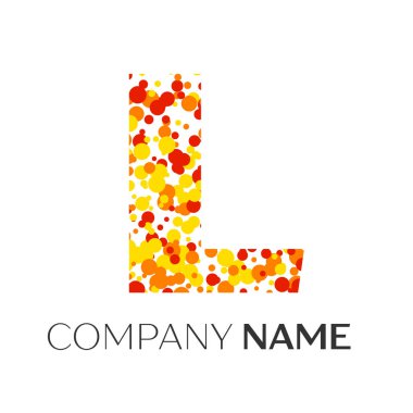 L harfi logo turuncu, sarı, kırmızı parçacıklar ve kabarcıklar noktalar beyaz arka plan ile. Tasarımınız için vektör şablonu