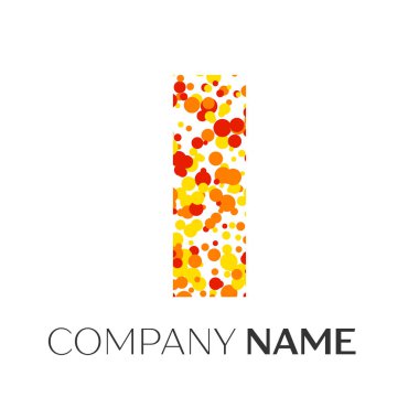 Harf ı logo turuncu, sarı, kırmızı parçacıklar ve kabarcıklar noktalar beyaz arka plan ile. Tasarımınız için vektör şablonu