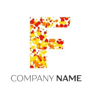 F harfi logo turuncu, sarı, kırmızı parçacıklar ve kabarcıklar noktalar beyaz arka plan ile. Tasarımınız için vektör şablonu