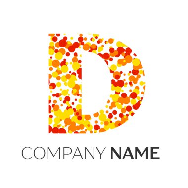 D harfi logo turuncu, sarı, kırmızı parçacıklar ve kabarcıklar noktalar beyaz arka plan ile. Tasarımınız için vektör şablonu