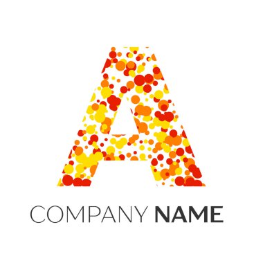 Turuncu, sarı, kırmızı parçacıklar ve kabarcıklar noktalar beyaz arka plan ile harf A logo. Tasarımınız için vektör şablonu