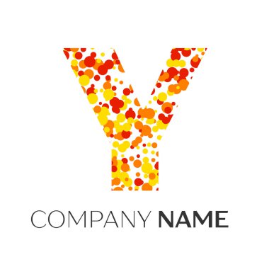 Y harfi logo turuncu, sarı, kırmızı parçacıklar ve kabarcıklar noktalar beyaz arka plan ile. Tasarımınız için vektör şablonu