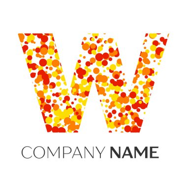 Harf W logo turuncu, sarı, kırmızı parçacıklar ve kabarcıklar noktalar beyaz arka plan ile. Tasarımınız için vektör şablonu