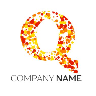 Harf Q logo turuncu, sarı, kırmızı parçacıklar ve kabarcıklar noktalar beyaz arka plan ile. Tasarımınız için vektör şablonu