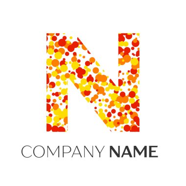 N harfi logo turuncu, sarı, kırmızı parçacıklar ve kabarcıklar noktalar beyaz arka plan ile. Tasarımınız için vektör şablonu