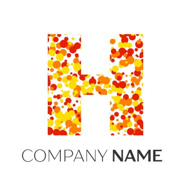 H harfi logo turuncu, sarı, kırmızı parçacıklar ve kabarcıklar noktalar beyaz arka plan ile. Tasarımınız için vektör şablonu
