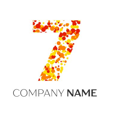 Yedi numara logo turuncu, sarı, kırmızı parçacıklar ve kabarcıklar noktalar beyaz arka plan ile. Tasarımınız için vektör şablonu