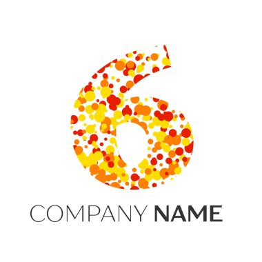 Turuncu, sarı, kırmızı parçacıklar ve kabarcıklar noktalı altı logosu beyaz arka plan üzerinde numara. Tasarımınız için vektör şablonu