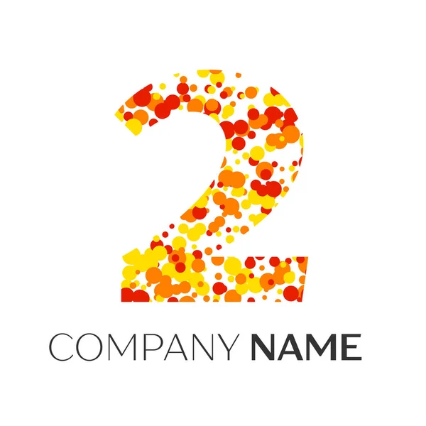 Nummer twee logo met oranje, gele, rode deeltjes en bubbels stippen op een witte achtergrond. Vector sjabloon voor uw ontwerp — Stockvector
