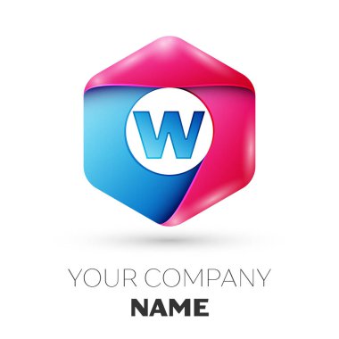 Gerçekçi harf W vektör logo simge renkli beyaz zemin üzerine altıgen. Tasarımınız için vektör şablonu