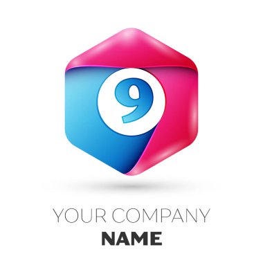 Gerçekçi dokuz numaralı vektör logo simge renkli beyaz zemin üzerine altıgen. Tasarımınız için vektör şablonu