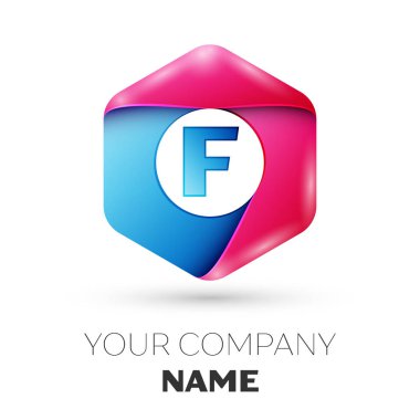 Gerçekçi harf F vektör logo simge renkli beyaz zemin üzerine altıgen. Tasarımınız için vektör şablonu