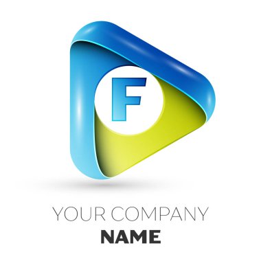 Gerçekçi harfi F vektör logo simge gri arka plan üzerinde renkli üçgen. Tasarımınız için vektör şablonu