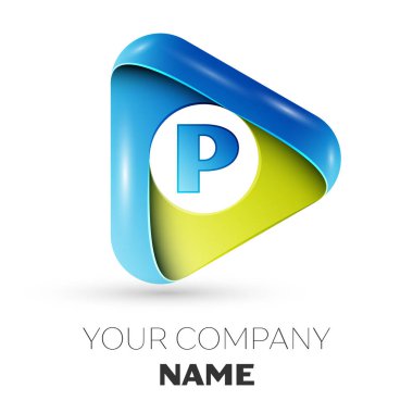 Gerçekçi mektup P gri arka plan üzerinde renkli üçgen logo simge vektör. Tasarımınız için vektör şablonu