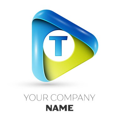 Gerçekçi mektup T vektör logo simge gri arka plan üzerinde renkli üçgen. Tasarımınız için vektör şablonu