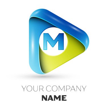 Gerçekçi mektup M vektör logo simge gri arka plan üzerinde renkli üçgen. Tasarımınız için vektör şablonu