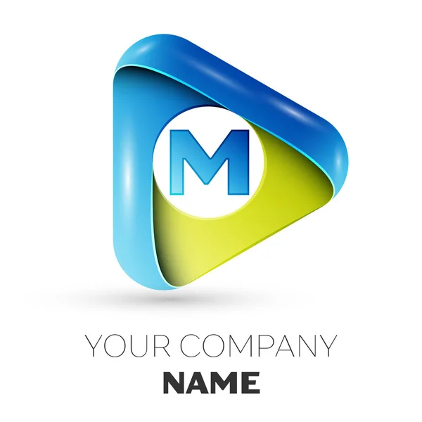 Ρεαλιστική διάνυσμα λογότυπο σύμβολο γράμμα M στο πολύχρωμο τρίγωνο σε γκρι φόντο. Διάνυσμα πρότυπο για το σχεδιασμό σας — Διανυσματικό Αρχείο