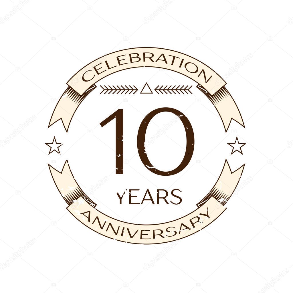 Realistic ten years anniversary celebration logo with ring and ribbon on white background. Vector template for your design