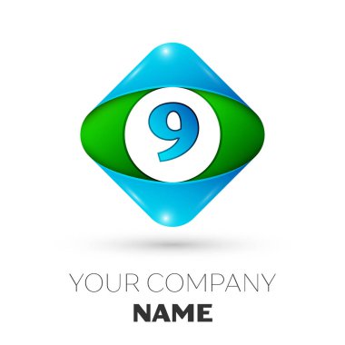 Gerçekçi dokuz numaralı vektör logo simge beyaz arka plan üzerinde renkli rhombus. Tasarımınız için vektör şablonu