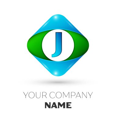 Gerçekçi harf J vektör logo simge beyaz arka plan üzerinde renkli rhombus. Tasarımınız için vektör şablonu
