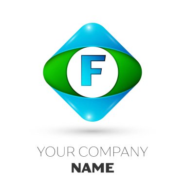 Gerçekçi harfi F vektör logo simge beyaz arka plan üzerinde renkli rhombus. Tasarımınız için vektör şablonu