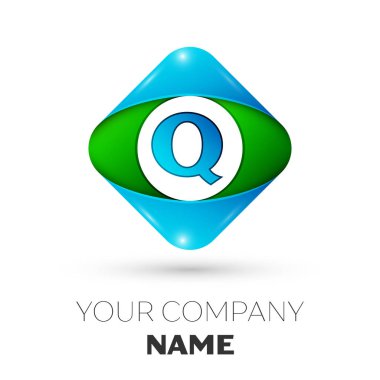 Gerçekçi harf Q vektör logo simge beyaz arka plan üzerinde renkli rhombus. Tasarımınız için vektör şablonu