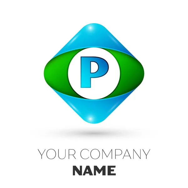 Realistiska bokstaven P vektor logotypen symbol i färgglada romben på vit bakgrund. Vector mall för din design — Stock vektor