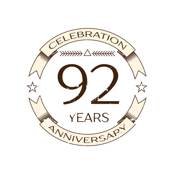 Realistische zweiundneunzig Jahre Jubiläumsfeier Logo mit Ring und Band auf weißem Hintergrund. Vektorvorlage für Ihr Design — Stockvektor