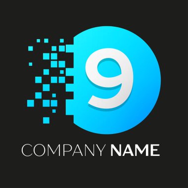 Gerçekçi dokuz numaralı vektör logo sembol siyah arka plan üzerine parçalanmış bloklarla renkli daire içinde. Piksel hareket. Tasarımınız için vektör şablonu