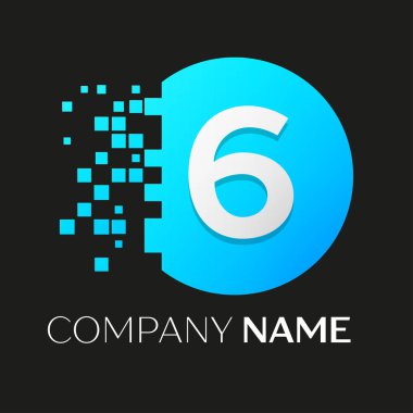 Gerçekçi altıncı vektör logo sembol siyah arka plan üzerine parçalanmış bloklarla renkli daire içinde. Piksel hareket. Tasarımınız için vektör şablonu