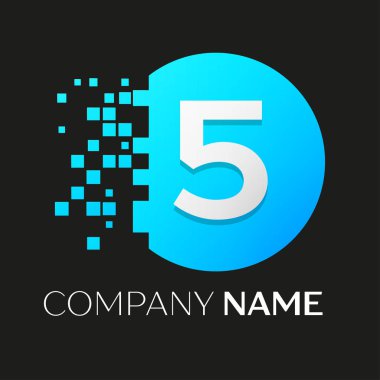 Gerçekçi beş numaralı vektör logo sembol siyah arka plan üzerine parçalanmış bloklarla renkli daire içinde. Piksel hareket. Tasarımınız için vektör şablonu