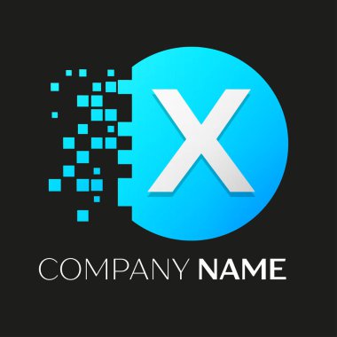 Gerçekçi harf X vektör logo sembol siyah arka plan üzerine parçalanmış bloklarla renkli daire içinde. Piksel hareket. Tasarımınız için vektör şablonu