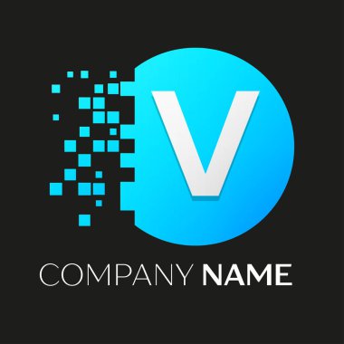 Gerçekçi harf V vektör logo sembol siyah arka plan üzerine parçalanmış bloklarla renkli daire içinde. Piksel hareket. Tasarımınız için vektör şablonu