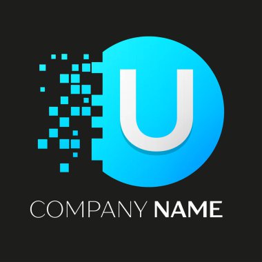 Gerçekçi harf U vektör logo sembol siyah arka plan üzerine parçalanmış bloklarla renkli daire içinde. Piksel hareket. Tasarımınız için vektör şablonu