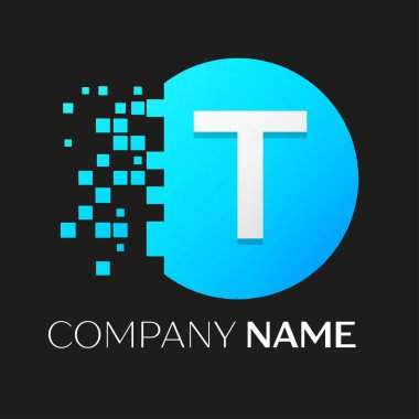 Gerçekçi mektup T vektör logo sembol siyah arka plan üzerine parçalanmış bloklarla renkli daire içinde. Piksel hareket. Tasarımınız için vektör şablonu