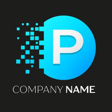 Gerçekçi harf P vektör logo sembol siyah arka plan üzerine parçalanmış bloklarla renkli daire içinde. Piksel hareket. Tasarımınız için vektör şablonu