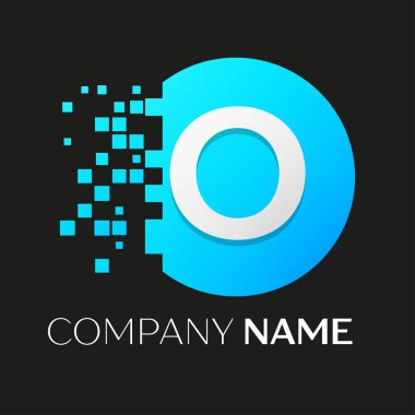 Gerçekçi harf O vektör logo sembol siyah arka plan üzerine parçalanmış bloklarla renkli daire içinde. Piksel hareket. Tasarımınız için vektör şablonu