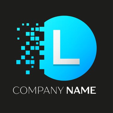 Gerçekçi harf L vektör logo sembol siyah arka plan üzerine parçalanmış bloklarla renkli daire içinde. Piksel hareket. Tasarımınız için vektör şablonu