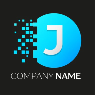 Gerçekçi harf J vektör logo sembol siyah arka plan üzerine parçalanmış bloklarla renkli daire içinde. Piksel hareket. Tasarımınız için vektör şablonu