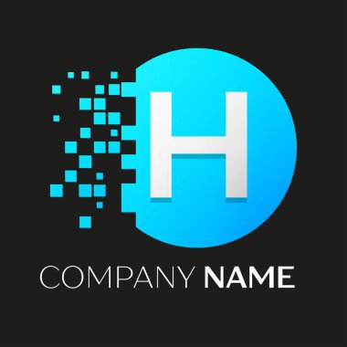 Gerçekçi harfi H vektör logo sembol siyah arka plan üzerine parçalanmış bloklarla renkli daire içinde. Piksel hareket. Tasarımınız için vektör şablonu