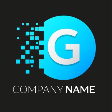 Gerçekçi harf G vektör logo sembol siyah arka plan üzerine parçalanmış bloklarla renkli daire içinde. Piksel hareket. Tasarımınız için vektör şablonu