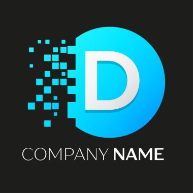 Gerçekçi harf D vektör logo sembol siyah arka plan üzerine parçalanmış bloklarla renkli daire içinde. Piksel hareket. Tasarımınız için vektör şablonu