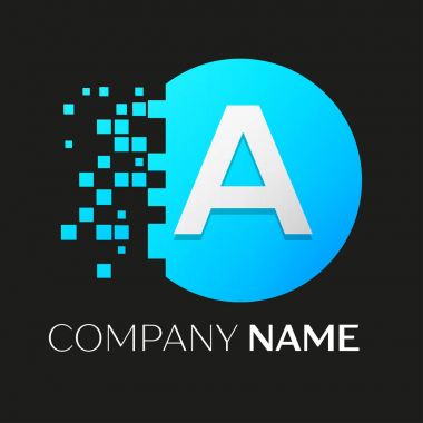 Gerçekçi mektup bir vektör logo sembol siyah arka plan üzerine parçalanmış bloklarla renkli daire içinde. Piksel hareket. Tasarımınız için vektör şablonu