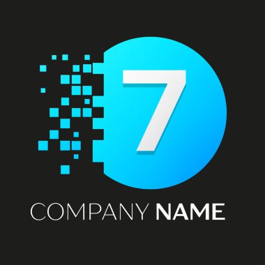 Gerçekçi numara yedi vektör logo sembol siyah arka plan üzerine parçalanmış bloklarla renkli daire içinde. Piksel hareket. Tasarımınız için vektör şablonu