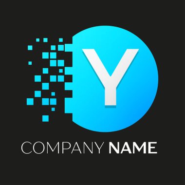 Gerçekçi harf Y vektör logo sembol siyah arka plan üzerine parçalanmış bloklarla renkli daire içinde. Piksel hareket. Tasarımınız için vektör şablonu