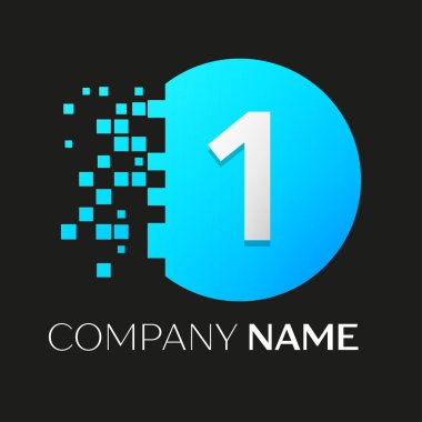 Gerçekçi bir numaralı vektör logo sembol siyah arka plan üzerine parçalanmış bloklarla renkli daire içinde. Piksel hareket. Tasarımınız için vektör şablonu