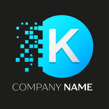 Gerçekçi harf K vektör logo sembol siyah arka plan üzerine parçalanmış bloklarla renkli daire içinde. Piksel hareket. Tasarımınız için vektör şablonu