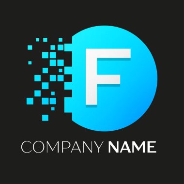 Gerçekçi harf F vektör logo sembol siyah arka plan üzerine parçalanmış bloklarla renkli daire içinde. Piksel hareket. Tasarımınız için vektör şablonu